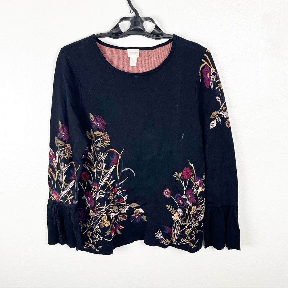 CHICO’S Black Floral Embroidered Tie Bell Sleeves Top, Size Large